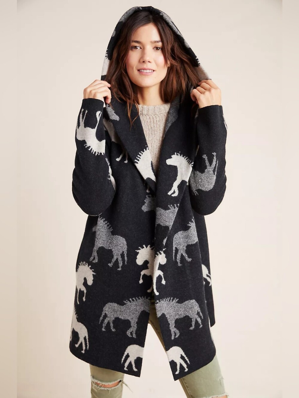 Anthropologie Field Flower Sedona Wool Hooded Cardigan Horse Print Sweater Small